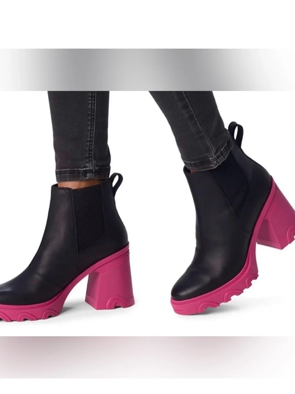 SOREL Brex Heel Chelsea Boots NWT Black Leather Hot Pink Sole Size 8.5